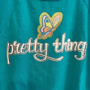 Vintage “Pretty Thing” Teal/Turquoise 80s Glitter print shirt L